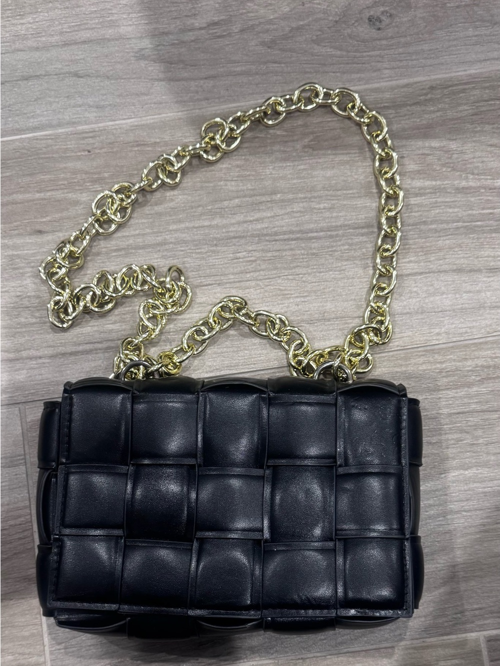 Black Quilted Pleather Chain Shoulder Bag